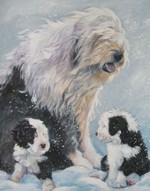 Drawn Old English Sheepdog with her puppies
